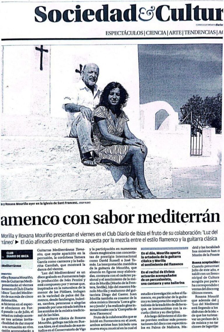 Article on Roxana Mouriño and Juan Morilla duo from Newspaper "Sociedad & Cultura", title: "Flamenco con sabor mediterraneo"