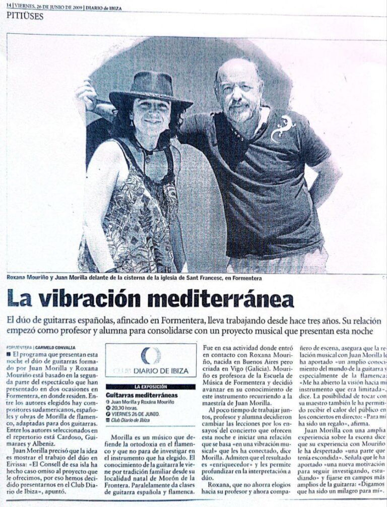 Article on Roxana Mouriño and Juan Morilla duo from local Newspaper "Diario de Ibiza", title: "La vibracion mediterranea"