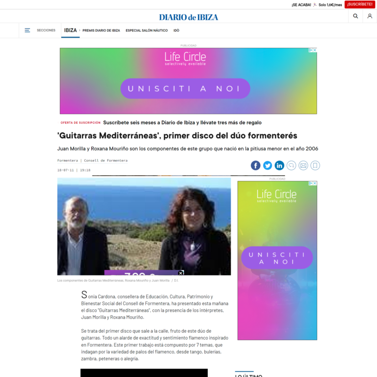 article on Roxana Mourino and Juan Morilla's duo "Guitarras Mediterraneas" on the Diario de Ibiza website